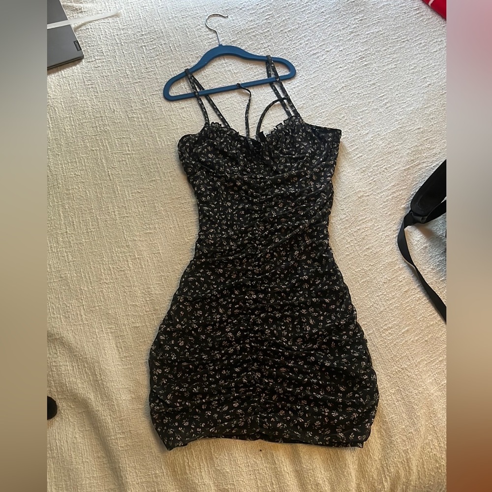 Black runched floral mini dress